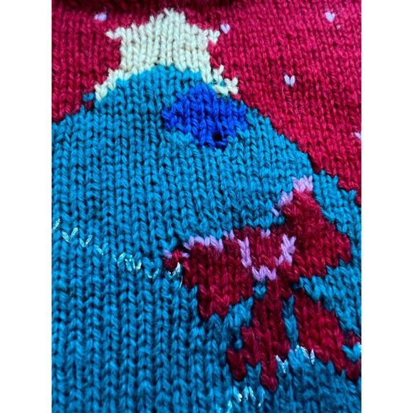 Vintage Wool Ugly Christmas Sweater Hand Knit Tree and Gifts Red Green Medium JL - Picture 10 of 11